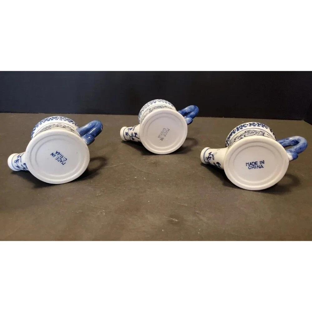 Hermitage Pottery Sprinkling Cans Pots W/ Spout, Handle Floral Blue 2.5” 3pk Vtg